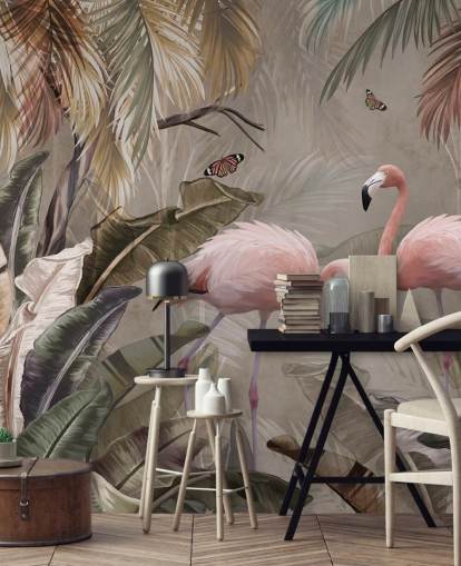 papier peint mural flamant rose appelé Flamingo Couple in the Jungle at Wallsauce pour les chambres et les salles à manger