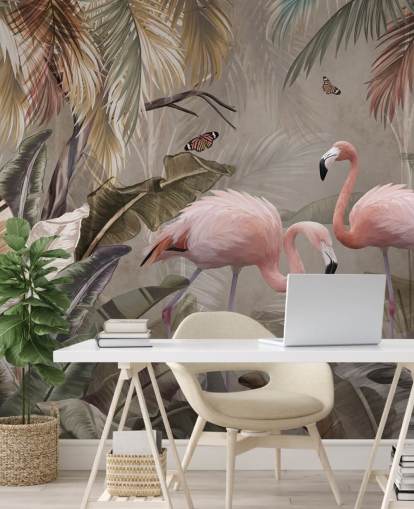 papier peint mural flamant rose appelé Flamingo Couple in the Jungle at Wallsauce pour les chambres et les salles à manger
