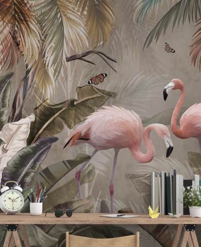 flamingo muurschildering genaamd Flamingo Couple in the Jungle at Wallsauce voor slaapkamers en eetkamers