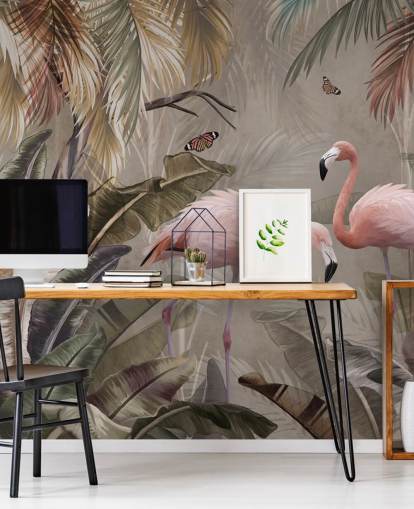 mural de papel de parede flamingo chamado Flamingo Couple in the Jungle at Wallsauce para quartos e salas de jantar