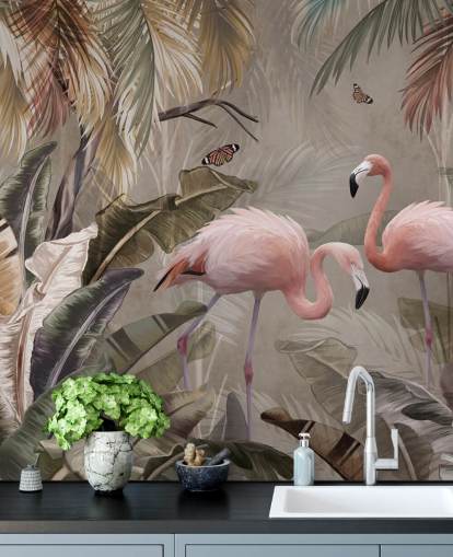 flamingo wallpaper mural called Flamingo Couple in the Jungle at Wallsauce for bedrooms and dining rooms flamingo wallpaper mural called Flamingo Couple in the Jungle at Wallsauce for bedrooms and dining rooms