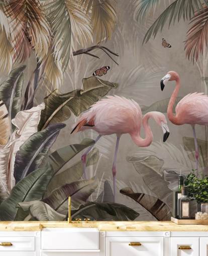 papier peint mural flamant rose appelé Flamingo Couple in the Jungle at Wallsauce pour les chambres et les salles à manger