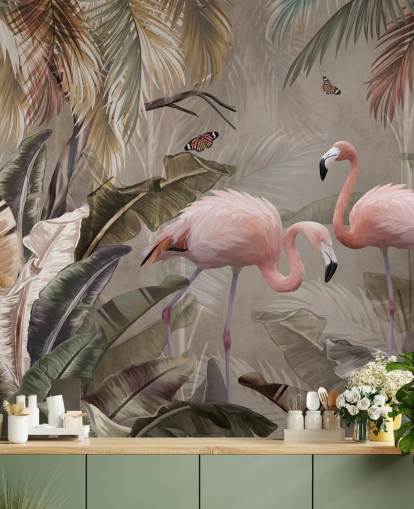 mural de papel pintado de flamencos llamado Flamingo Couple in the Jungle at Wallsauce para dormitorios y comedores mural de papel pintado de flamencos llamado Flamingo Couple in the Jungle at Wallsauce para dormitorios y comedores