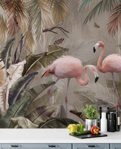 flamingo tapetmaleri kalt Flamingo Couple in the Jungle at Wallsauce for soverom og spiserom flamingo tapetmaleri kalt Flamingo Couple in the Jungle at Wallsauce for soverom og spiserom