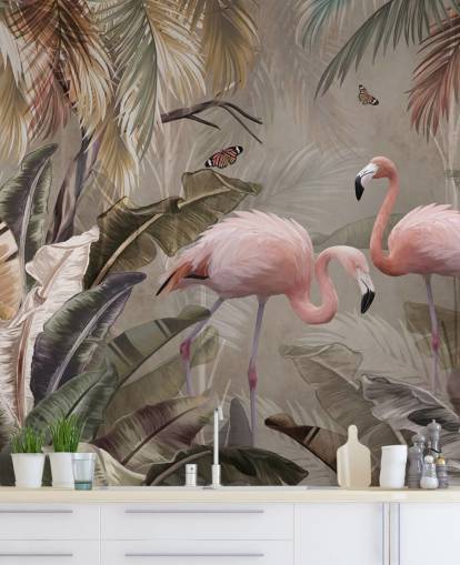 carta da parati murale con fenicotteri chiamata Flamingo Couple in the Jungle at Wallsauce per camere da letto e sale da pranzo carta da parati murale con fenicotteri chiamata Flamingo Couple in the Jungle at Wallsauce per camere da letto e sale da pranzo