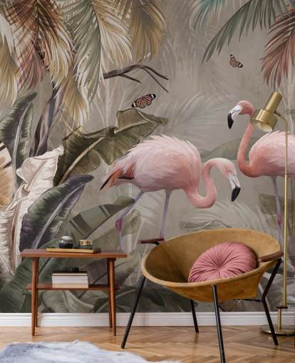mural de papel pintado de flamencos llamado Flamingo Couple in the Jungle at Wallsauce para dormitorios y comedores