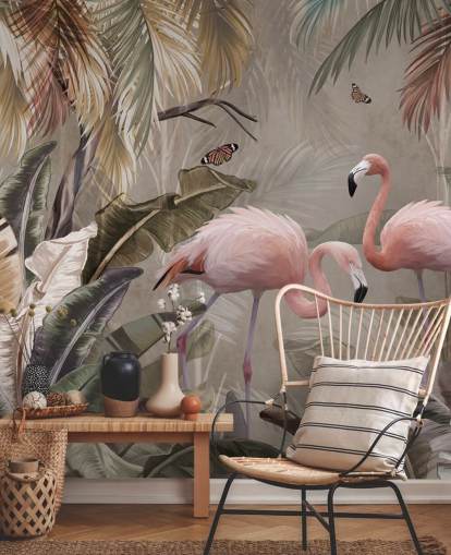 flamingo-taustakuvamaalaus nimeltä Flamingo Couple in the Jungle at Wallsaucessa makuuhuoneisiin ja ruokasaleihin