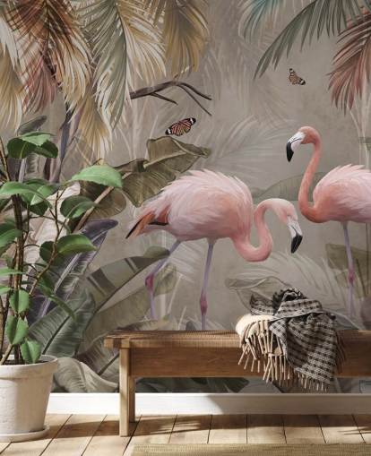 flamingo wallpaper mural called Flamingo Couple in the Jungle at Wallsauce for bedrooms and dining rooms