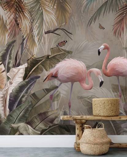 flamingo wallpaper mural called Flamingo Couple in the Jungle at Wallsauce for bedrooms and dining rooms