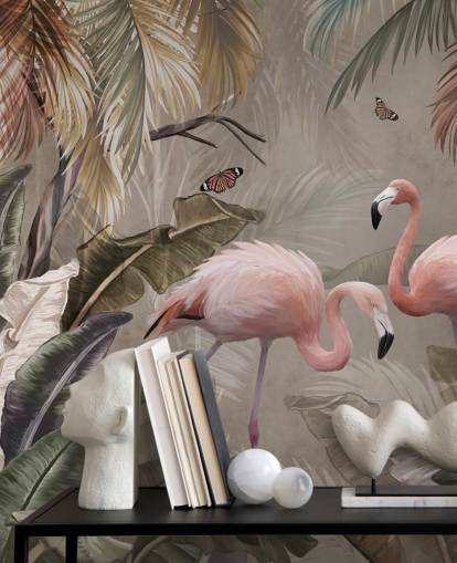 flamingo wallpaper mural called Flamingo Couple in the Jungle at Wallsauce for bedrooms and dining rooms