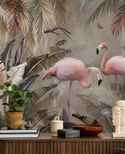 flamingo-taustakuvamaalaus nimeltä Flamingo Couple in the Jungle at Wallsaucessa makuuhuoneisiin ja ruokasaleihin