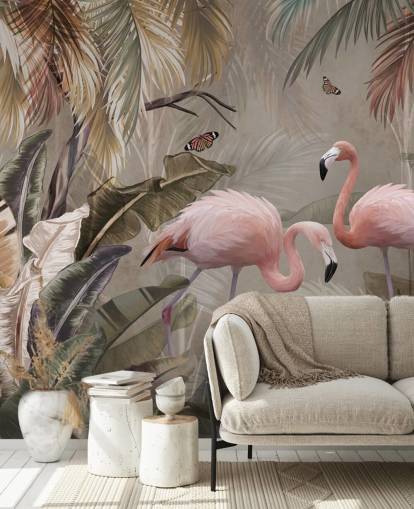 flamingo-taustakuvamaalaus nimeltä Flamingo Couple in the Jungle at Wallsaucessa makuuhuoneisiin ja ruokasaleihin