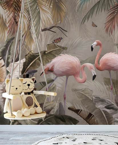 Flamingo-Tapete mit dem Titel Flamingo-Paar im Dschungel in Wallsauce für Schlafzimmer und Esszimmer Flamingo-Tapete mit dem Titel Flamingo-Paar im Dschungel in Wallsauce für Schlafzimmer und Esszimmer