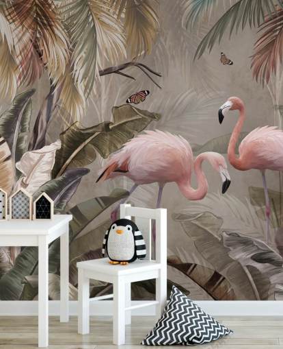 flamingo wallpaper mural called Flamingo Couple in the Jungle at Wallsauce for bedrooms and dining rooms