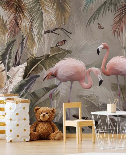 flamingo wallpaper mural called Flamingo Couple in the Jungle at Wallsauce for bedrooms and dining rooms