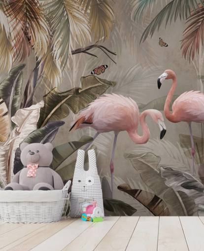 flamingo muurschildering genaamd Flamingo Couple in the Jungle at Wallsauce voor slaapkamers en eetkamers