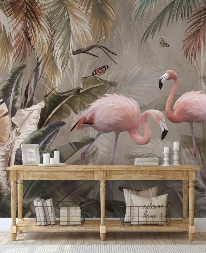 flamingo wallpaper mural called Flamingo Couple in the Jungle at Wallsauce for bedrooms and dining rooms