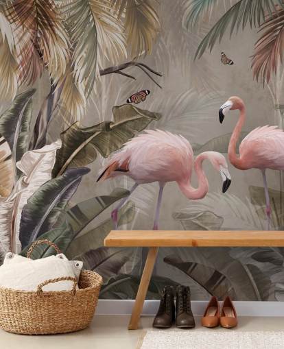 flamingo muurschildering genaamd Flamingo Couple in the Jungle at Wallsauce voor slaapkamers en eetkamers flamingo muurschildering genaamd Flamingo Couple in the Jungle at Wallsauce voor slaapkamers en eetkamers