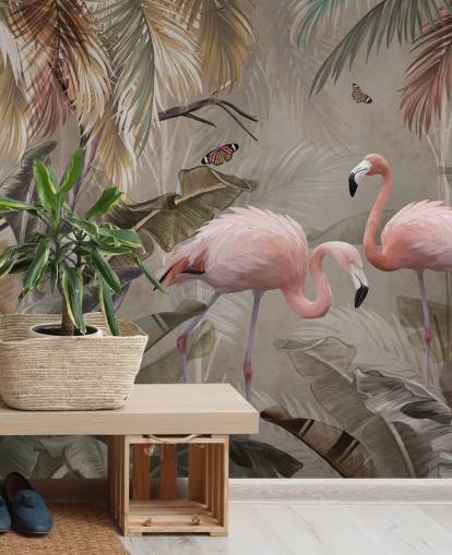 Flamingo-Tapete mit dem Titel Flamingo-Paar im Dschungel in Wallsauce für Schlafzimmer und Esszimmer Flamingo-Tapete mit dem Titel Flamingo-Paar im Dschungel in Wallsauce für Schlafzimmer und Esszimmer