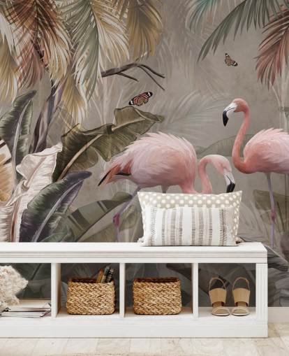flamingo muurschildering genaamd Flamingo Couple in the Jungle at Wallsauce voor slaapkamers en eetkamers