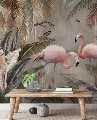 flamingo tapetmaleri kaldet Flamingo Couple in the Jungle at Wallsauce til soveværelser og spisestuer