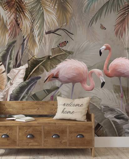 papier peint mural flamant rose appelé Flamingo Couple in the Jungle at Wallsauce pour les chambres et les salles à manger