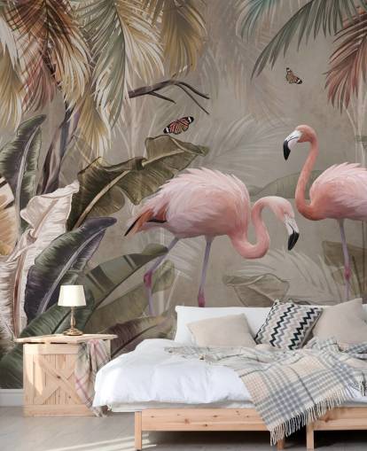 Flamingo-Tapete mit dem Titel Flamingo-Paar im Dschungel in Wallsauce für Schlafzimmer und Esszimmer Flamingo-Tapete mit dem Titel Flamingo-Paar im Dschungel in Wallsauce für Schlafzimmer und Esszimmer
