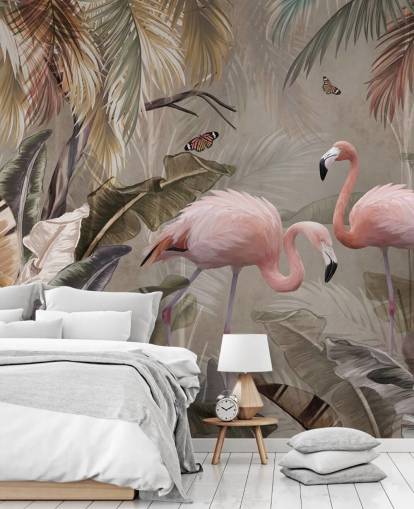 Flamingo-Tapete mit dem Titel Flamingo-Paar im Dschungel in Wallsauce für Schlafzimmer und Esszimmer