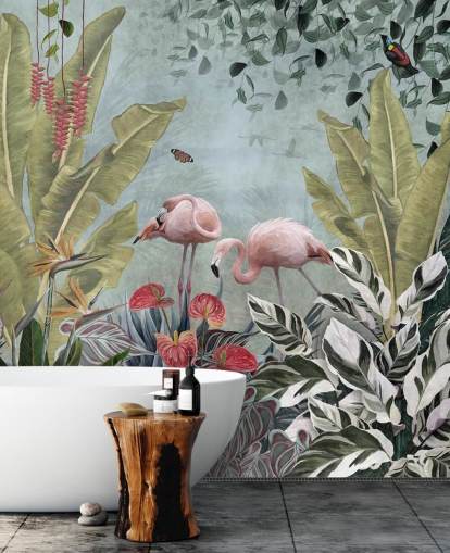 mural de papel de parede da selva azul chamado Flamingos in the Jungle Blue at Wallsauce para quartos e banheiros mural de papel de parede da selva azul chamado Flamingos in the Jungle Blue at Wallsauce para quartos e banheiros