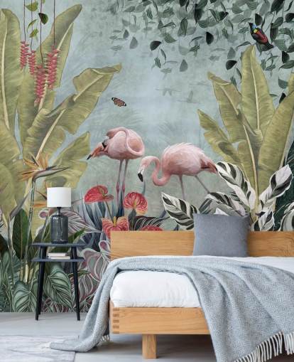blå jungle tapetmaleri kaldet Flamingos in the Jungle Blue på Wallsauce til soveværelser og badeværelser