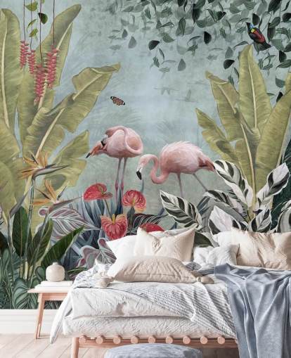 mural de papel pintado de la jungla azul llamado Flamingos in the Jungle Blue en Wallsauce para dormitorios y baños mural de papel pintado de la jungla azul llamado Flamingos in the Jungle Blue en Wallsauce para dormitorios y baños