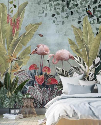 papier peint mural de la jungle bleue appelé Flamingos in the Jungle Blue at Wallsauce pour chambres et salles de bain