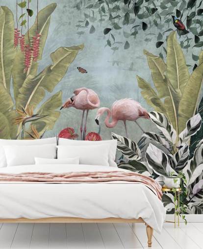 blå djungel tapetväggmålning som heter Flamingos in the Jungle Blue på Wallsauce för sovrum och badrum