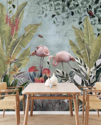 blå jungel tapetmaleri kalt Flamingos in the Jungle Blue på Wallsauce for soverom og bad