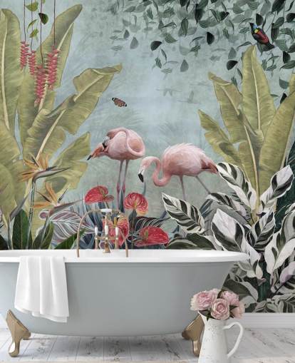 carta da parati murale blu giungla chiamata Flamingos in the Jungle Blue at Wallsauce per camere da letto e bagni