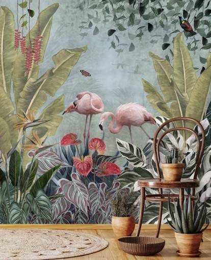 blå djungel tapetväggmålning som heter Flamingos in the Jungle Blue på Wallsauce för sovrum och badrum blå djungel tapetväggmålning som heter Flamingos in the Jungle Blue på Wallsauce för sovrum och badrum