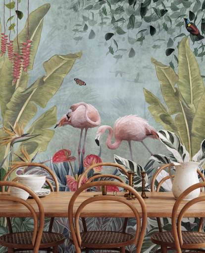 papier peint mural de la jungle bleue appelé Flamingos in the Jungle Blue at Wallsauce pour chambres et salles de bain