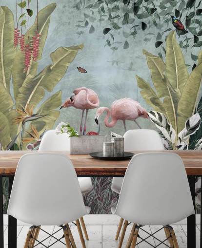 mural de papel pintado de la jungla azul llamado Flamingos in the Jungle Blue en Wallsauce para dormitorios y baños mural de papel pintado de la jungla azul llamado Flamingos in the Jungle Blue en Wallsauce para dormitorios y baños