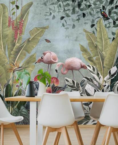 sininen viidakon taustakuvamaalaus nimeltä Flamingot viidakossa Blue Wallsaucessa makuuhuoneisiin ja kylpyhuoneisiin