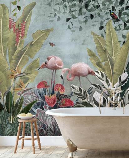 carta da parati murale blu giungla chiamata Flamingos in the Jungle Blue at Wallsauce per camere da letto e bagni