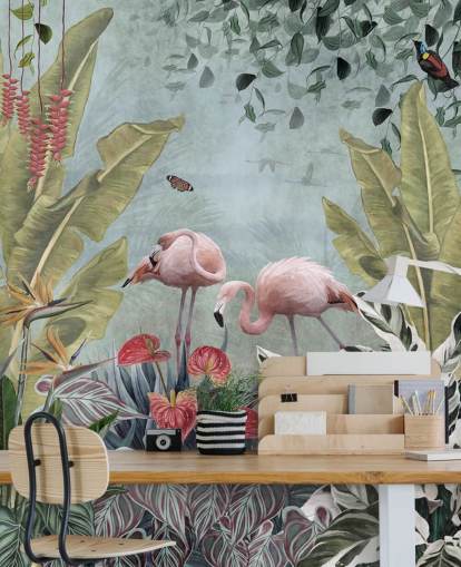 blue jungle wallpaper mural called Flamingos in the Jungle Blue at Wallsauce for bedrooms and bathrooms