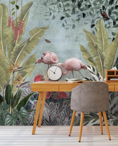 blue jungle wallpaper mural called Flamingos in the Jungle Blue at Wallsauce for bedrooms and bathrooms blue jungle wallpaper mural called Flamingos in the Jungle Blue at Wallsauce for bedrooms and bathrooms