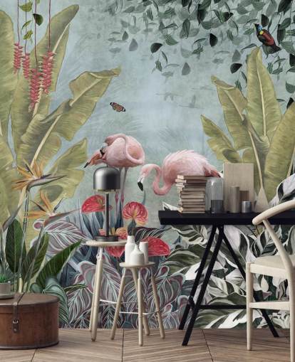 blue jungle wallpaper mural called Flamingos in the Jungle Blue at Wallsauce for bedrooms and bathrooms blue jungle wallpaper mural called Flamingos in the Jungle Blue at Wallsauce for bedrooms and bathrooms