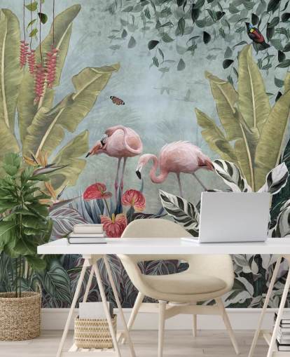 blaue Dschungel-Tapete namens Flamingos in the Jungle Blue at Wallsauce für Schlafzimmer und Badezimmer