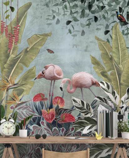 carta da parati murale blu giungla chiamata Flamingos in the Jungle Blue at Wallsauce per camere da letto e bagni