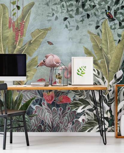 sininen viidakon taustakuvamaalaus nimeltä Flamingot viidakossa Blue Wallsaucessa makuuhuoneisiin ja kylpyhuoneisiin sininen viidakon taustakuvamaalaus nimeltä Flamingot viidakossa Blue Wallsaucessa makuuhuoneisiin ja kylpyhuoneisiin