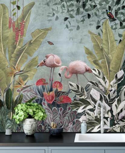 blå djungel tapetväggmålning som heter Flamingos in the Jungle Blue på Wallsauce för sovrum och badrum