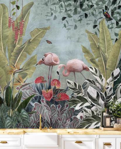 mural de papel de parede da selva azul chamado Flamingos in the Jungle Blue at Wallsauce para quartos e banheiros