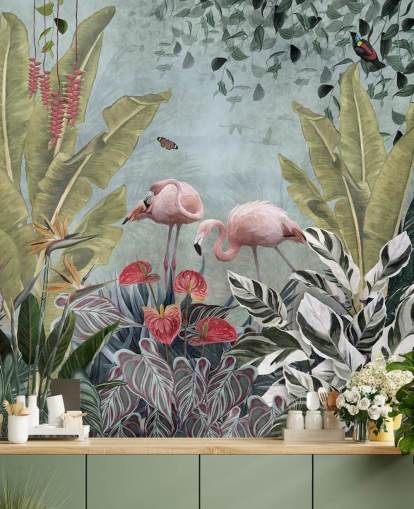 mural de papel pintado de la jungla azul llamado Flamingos in the Jungle Blue en Wallsauce para dormitorios y baños mural de papel pintado de la jungla azul llamado Flamingos in the Jungle Blue en Wallsauce para dormitorios y baños