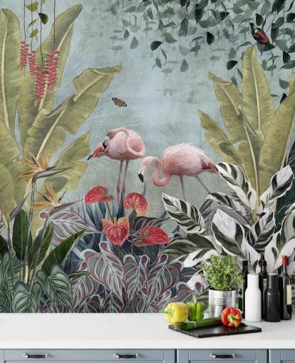 blue jungle wallpaper mural called Flamingos in the Jungle Blue at Wallsauce for bedrooms and bathrooms